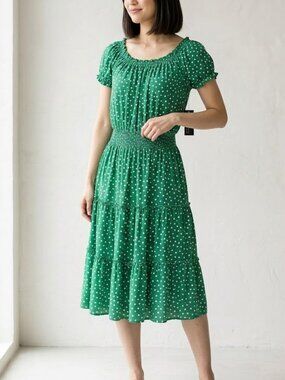 EnFocus Studio Green Polka Dot Tiered Midi Dress Smocked Waist Size 6